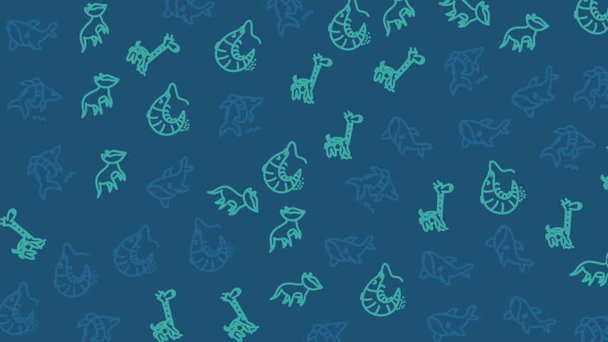 Animated pattern featuring cute cartoon animals like giraffes and elephants on a blue background. Ideal for children
