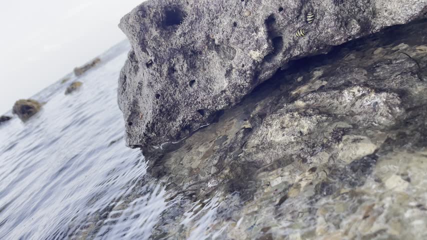 Ocean waves crashing gently against a large, weathered coastal rock formation along a sandy shoreline.