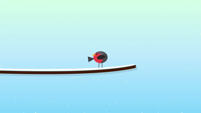 Robin bird illustration featuring a stylized red breasted bird perched on a snowy branch against a soft gradient background with falling snow