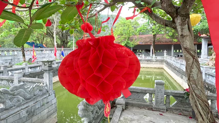 Red paper lantern hanging on a tree at a traditional Vietnamese temple in Hanoi. Symbolizes cultural heritage and festive celebrations. Ideal for travel and tourism content