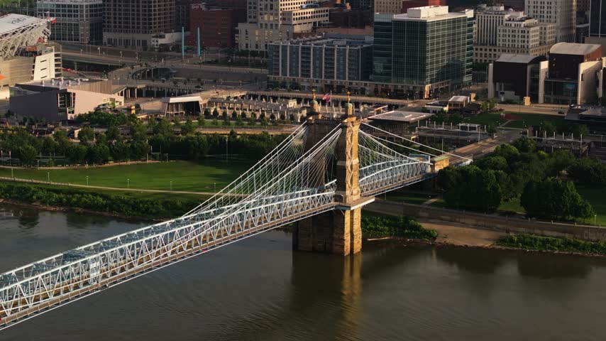 Spectacular Aerial Drone View Above Roebling Suspension Bridge. Summer Sunrise