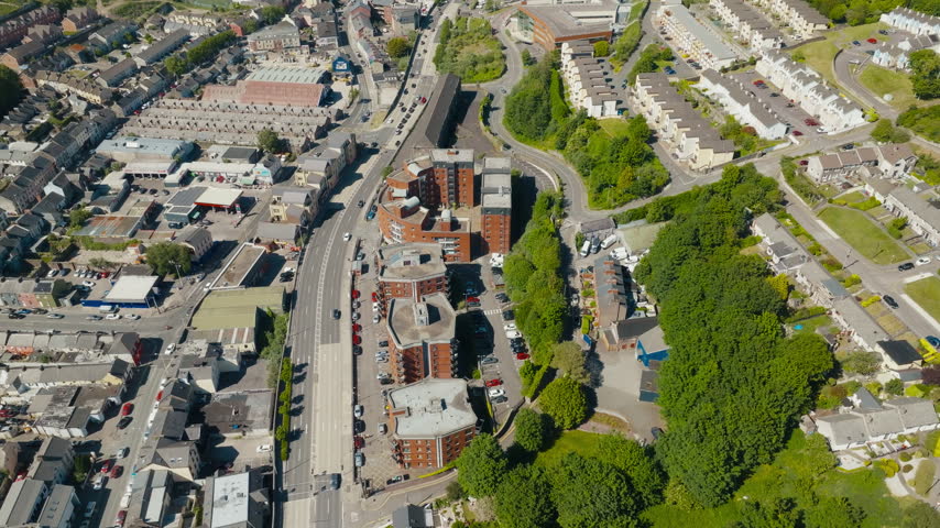 Aerial view over residential apartments and roads in Cork Ireland