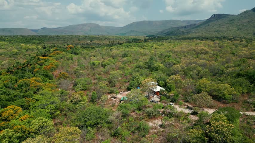 Cerrado vegetation surrounds a rural settlement near Cavalcante, Goias, Brazil, with Serra da Santana ridges across the background and flowering shrubs, drone orbit parallax.