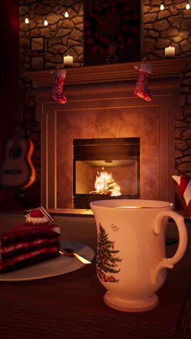 Vertical 3D animation of a cozy Christmas fireplace decorated with a holiday wreath, stockings, and fairy lights, featuring a steaming hot drink mug and slice of cake on a table.