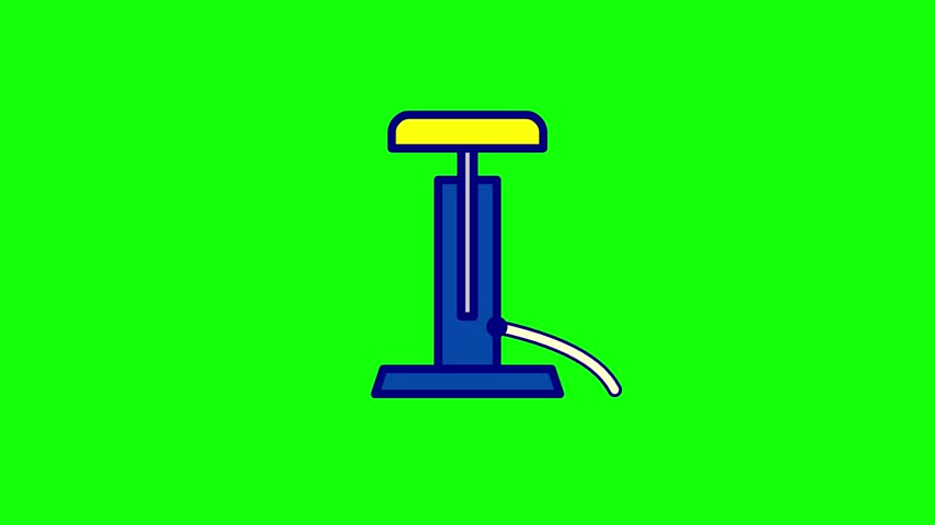  Blue and yellow manual hand air pump vector illustration with a white hose, isolated on a vibrant green screen background for easy digital compositing and graphic design use.