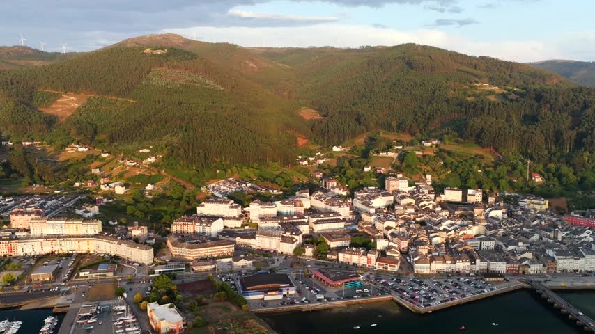 Aerial View over the Coastal Town, Ría Estuary, and Marina of Viveiro in Rías Altas, Galicia, Spain
