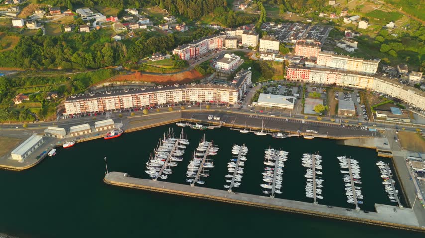 Aerial View over the Coastal Town, Ría Estuary, and Marina of Viveiro in Rías Altas, Galicia, Spain