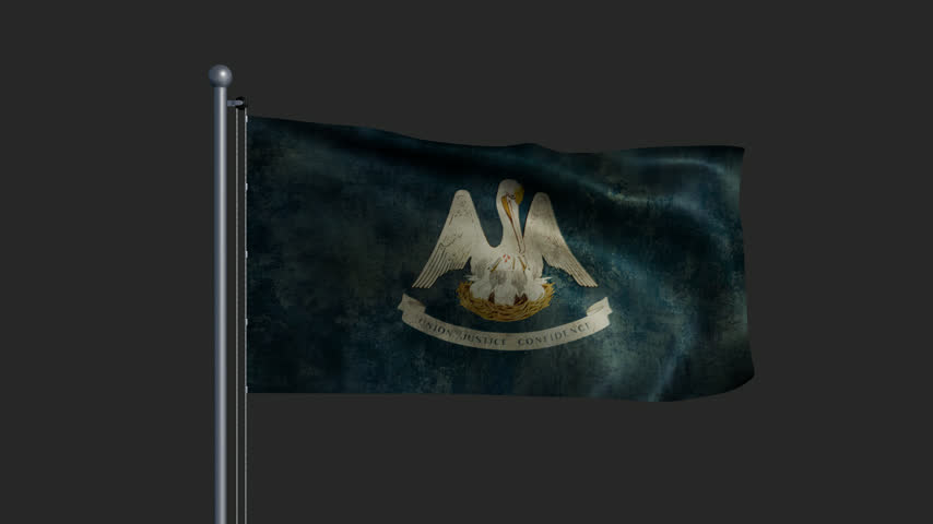 The Louisiana state flag on a pole with aged fabric fluttering in the wind. 3D Illustration