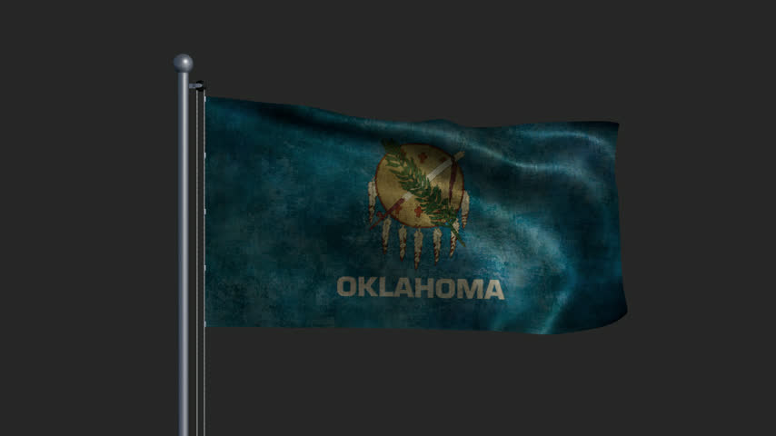 Textured flag of Oklahoma on a flagpole, fluttering on the alpha channel. 3D Illustration