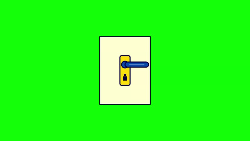 Minimalist flat vector illustration of a blue door handle on a yellow plate and cream panel, isolated against a solid bright green background for easy keying or compositing.
