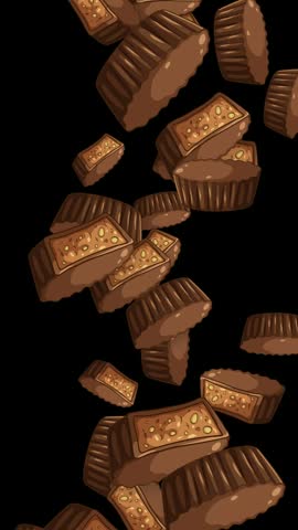 Assorted chocolate candies and peanut butter cups fall against a black background in vertical orientation.