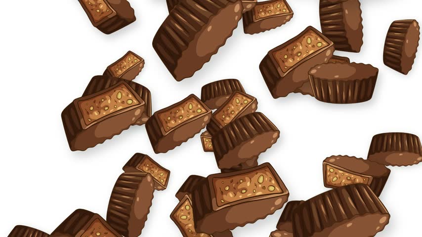 Animated chocolate peanut butter cups and candy pieces fall against a clean white background.