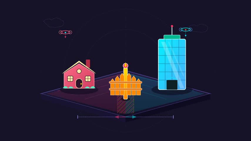 Colorful isometric animation features a small red residential house, a wooden fence, and a tall blue skyscraper arranged on a dark gridded platform against a navy background with subtle glowing interface lines. The smooth vector graphics showcase vibrant neon hues and clean geometric shapes while rotating slightly in a continuous digital loop.