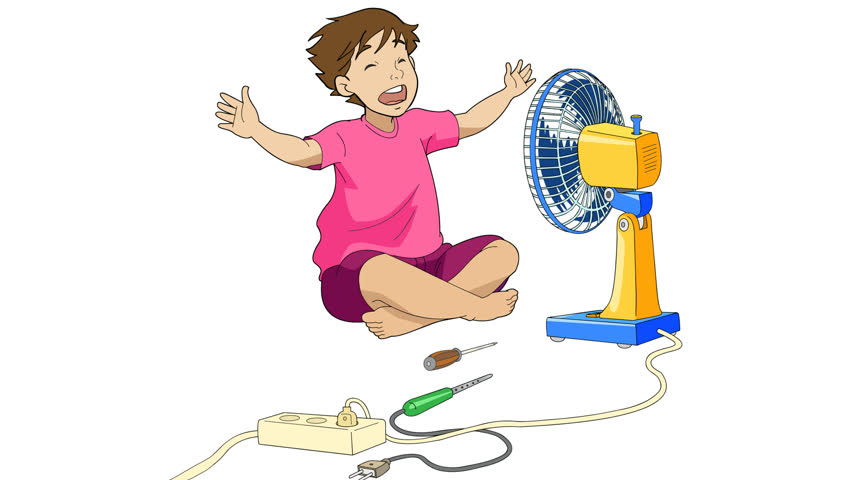 happy boy enjoying cool breeze from an electric desk fan, DIY electronics repair concept