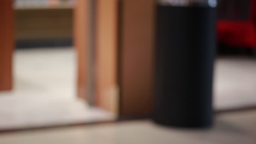 Blurred interior hallway view with wooden doors and black trash bin
