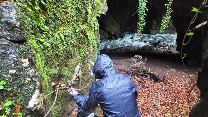 Adventurous man in a raincoat carefully descending a slippery and steep trail into Tkalca jama, holding onto a safety rope