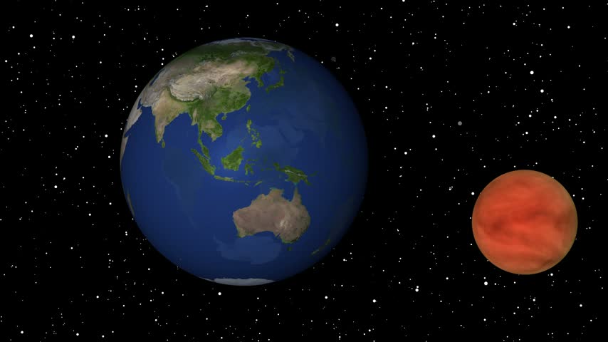Earth and Mars floating in dark outer space with bright stars, showing a planet comparison, science theme, and a calm cosmic scene.