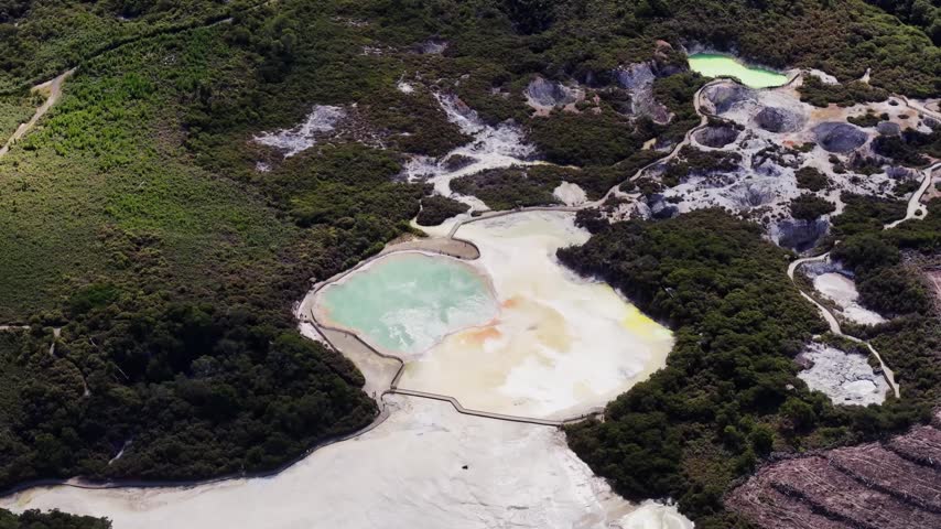 Rotorua, Bay of Plenty, New Zealand, aerial view of geothermal hot pools, volcanic landscape and mineral formations surrounded by native vegetation.