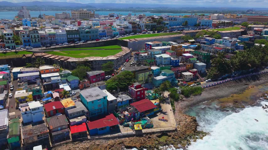 Top Down Birds Eye View Drone Shot of La Perla San Juan Waterfront