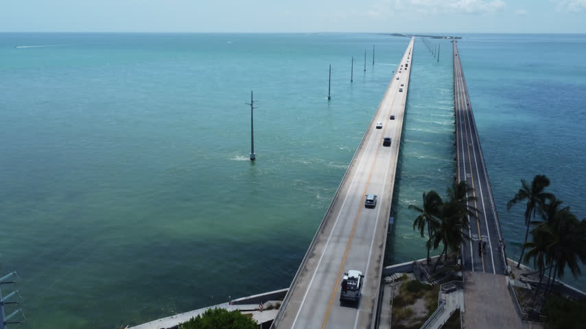 Drone view ascending over the Seven Mile Bridge