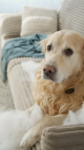 Happy Golden Retriever sitting on rug surrounded by shredded couch foam and scattered paper rolls
