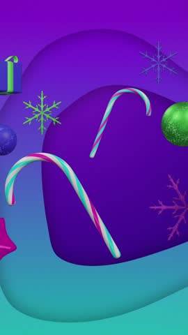 Christmas baubles, gifts and candy canes floating over blue and purple background. Christmas, tradition and celebration digitally generated video.