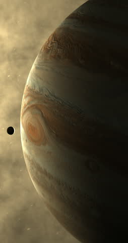 Jupiter planet with Io moon orbiting and sun and solar atmosphere. 4K Vertical