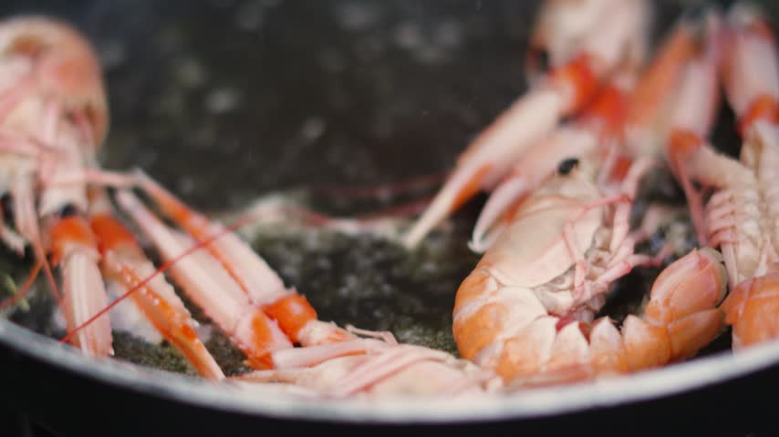 Chef Placing Fresh Langoustines in Hot Pan. Shellfish Seafood being Cooked Outdoors in Slow Motion. Norway Lobster.