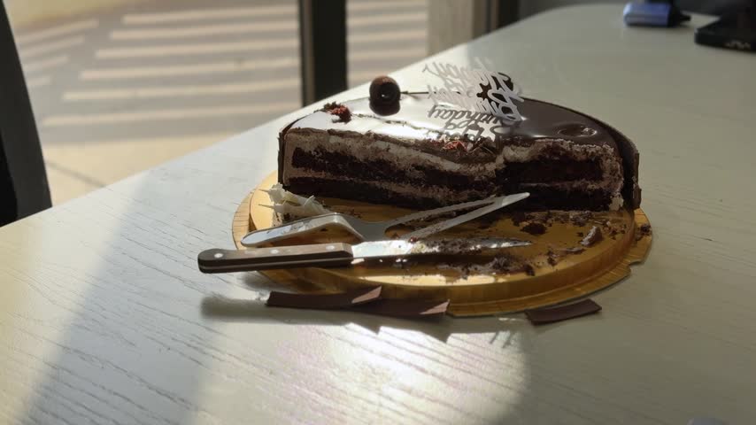 A partially eaten chocolate birthday cake rests on a golden tray on a white indoor table. Strong natural daylight casts hard shadows over the sliced dessert, knife, and serving spatula after a party.