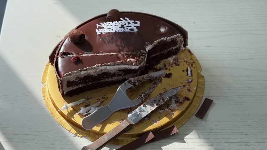 Top down view of a partially eaten chocolate birthday cake on a golden tray. A knife and serving spatula rest next to the sliced dessert on a white indoor table bathed in strong natural daylight.
