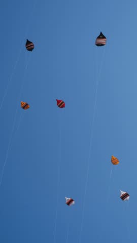 Many Colorful Kites Flying in a Blue Sky on Taut Strings Shimmering in Sunlight During an Annual Kite Festival, 4K 50fps
