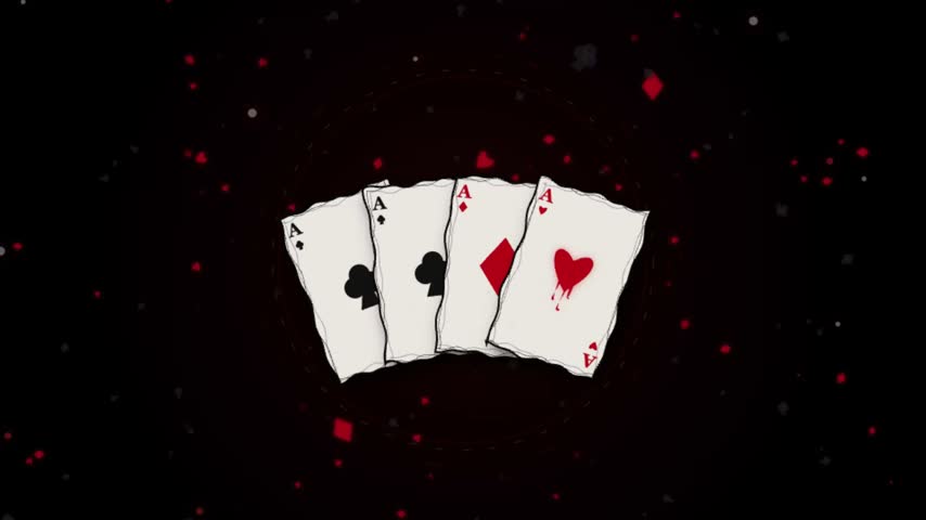 Four aces playing cards animation with falling suit symbols on black background, poker gambling casino