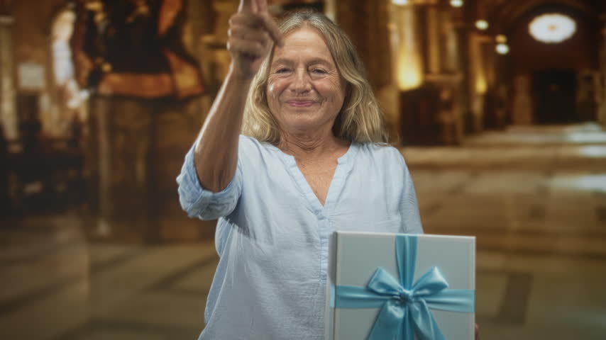 Senior woman points finger at wrapped gift box with blue ribbon inside ornate building; celebration joy.