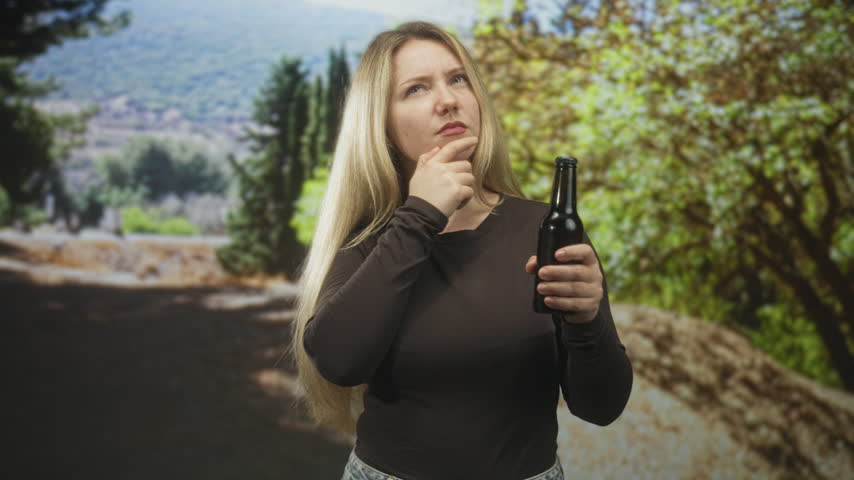 Woman holding beer bottle with right hand and touching chin while gazing upward on a forest path; thoughtful reflection.
