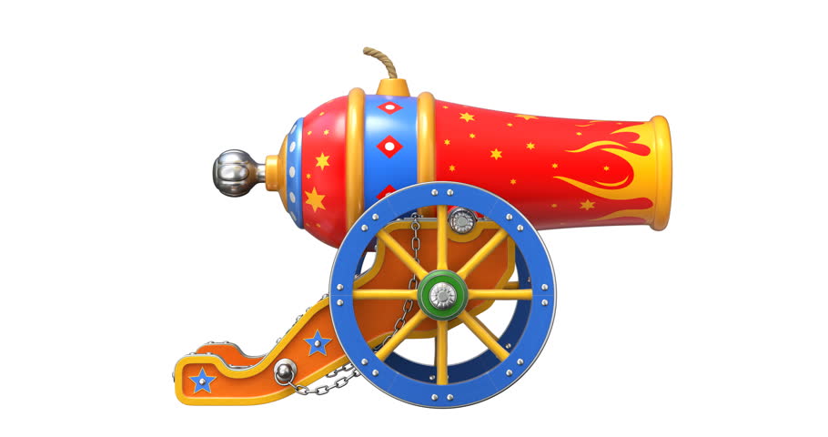 Ancient circus cannon moves on a white background. - 3D repeatable animation