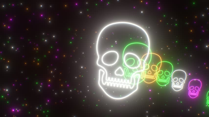 Fly Through Human Skull Face Shaped Neon Lights Glowing Curved Tunnel - 4K Seamless VJ Loop Motion Background Animation