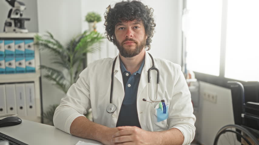 Man doctor with stethoscope and beard, curly hair, arms crossed at desk with keyboard and medical files in clinic building; compassion care confident.