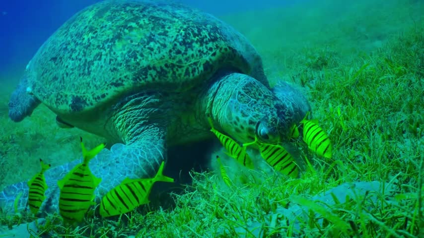 Close-up underwater view of a large green sea turtle grazing on seagrass seabed surrounded by small yellow tropical fish in clear blue ocean water.