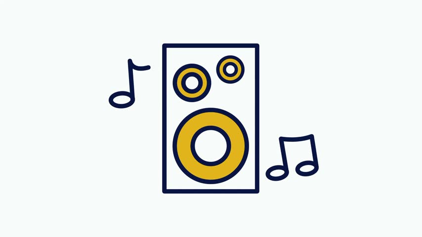Outline icon of a speaker box emitting several musical notes representing sound output audio playback loudspeaker equipment and listening experience
