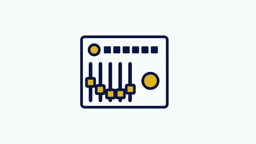 Outline icon of a mixing console panel featuring sliders and a knob representing sound engineering audio production and studio recording equipment
