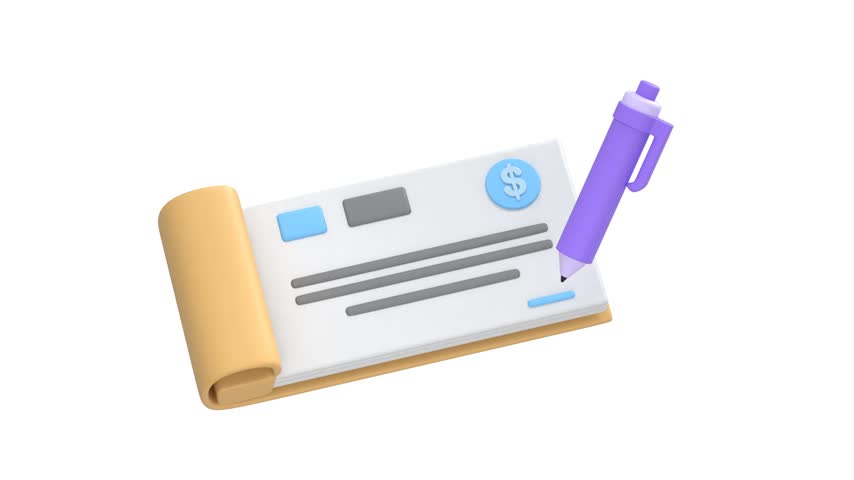 bank cheque with pen icon 3d rendering animation on 4k