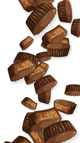 Chocolate peanut butter cups and candy bar pieces fall vertically against a white background.