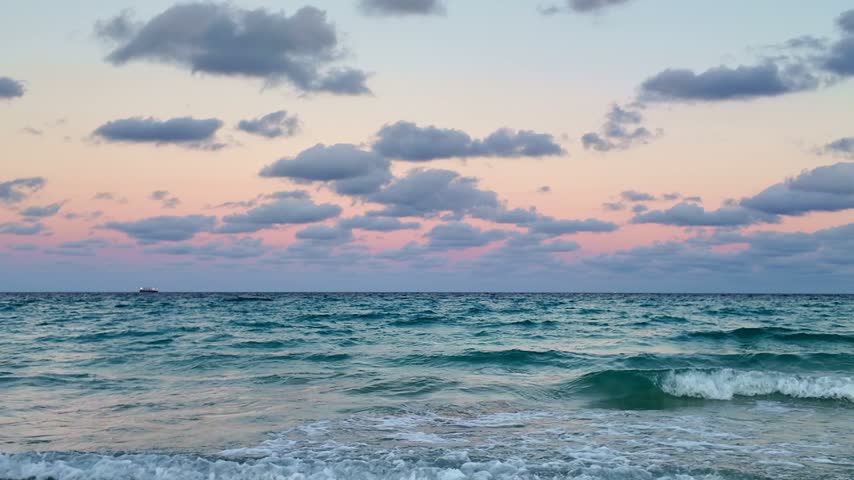 Skyscape with sea horizon. Scenic horizon view at sea nature. Romantic summer vacation view on seascape. Sea horizon view. Dramatic sky and seascape at summer vacation, 4k