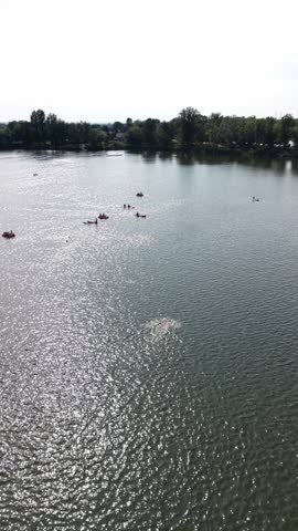 Drone view of kayaks and swimmers moving across sunlit lake water near a summer beach.