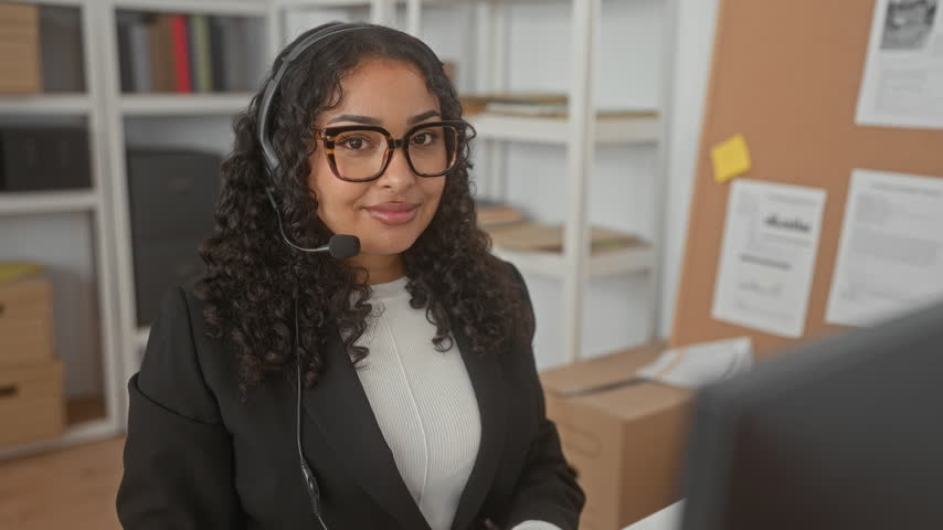Woman wearing headset and glasses crosses arms hugging chest while smiling at computer monitor in building office desk area; joy gratitude.