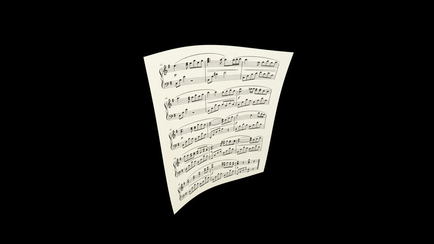 Particle animation featuring sheet music rotating in a 3D loop