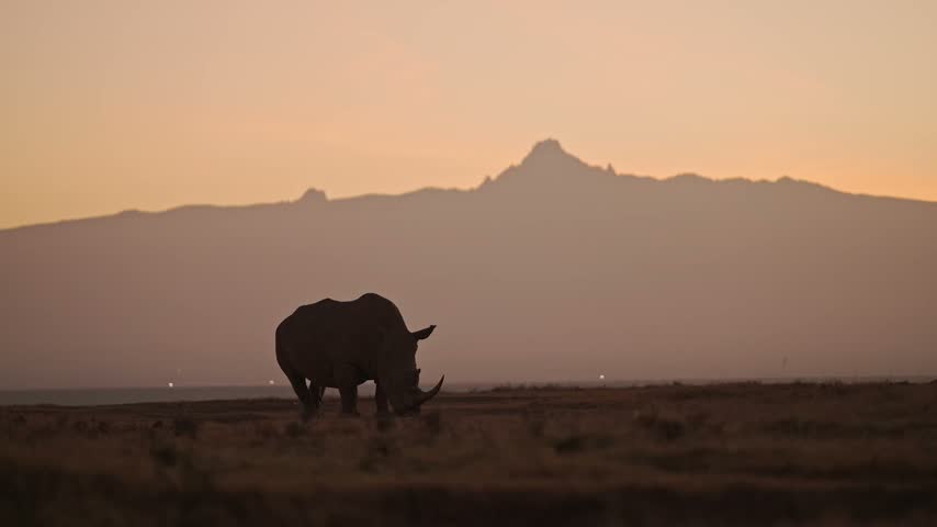 White Rhino and Mt Kenya, Silhouette at Sunrise on African Wildlife Safari in Conservation Area, Rhinos Silhouetted with Orange Sky at Sunset in Africa.