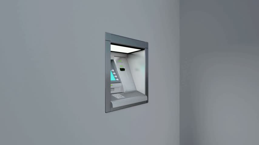 ATM machine operating at a modern financial facility, showcasing automated cash withdrawal, digital banking technology, secure payment systems and electronic transaction concepts with a detailed close-up of the machine interface and keypad.