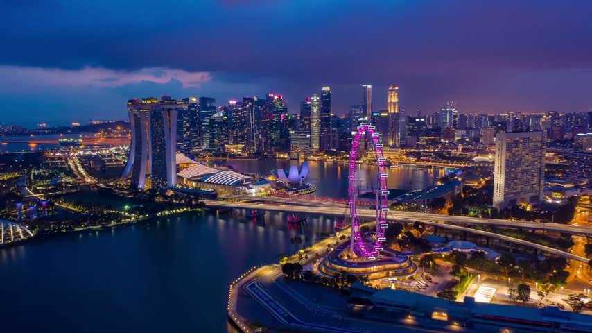 Majestic hyperlapse city skyline architecture in singapore at night