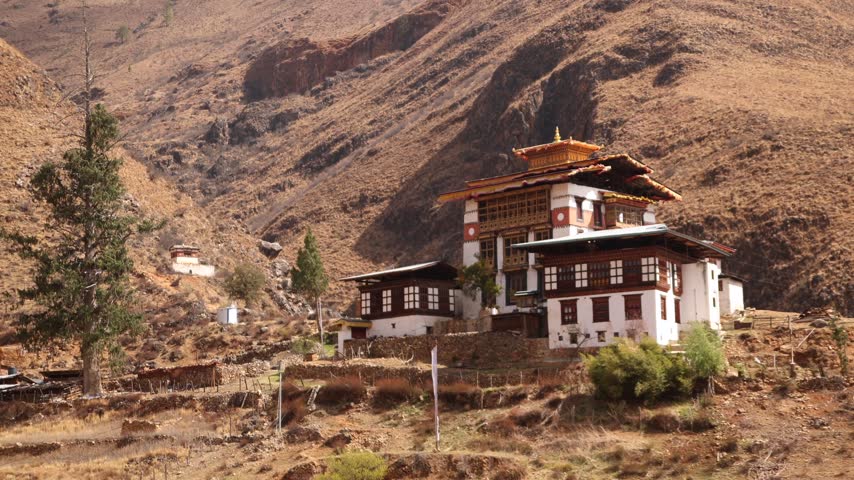 Traditional Religious Monastery on Rocky Himalayan Mountain in Rural Bhutan